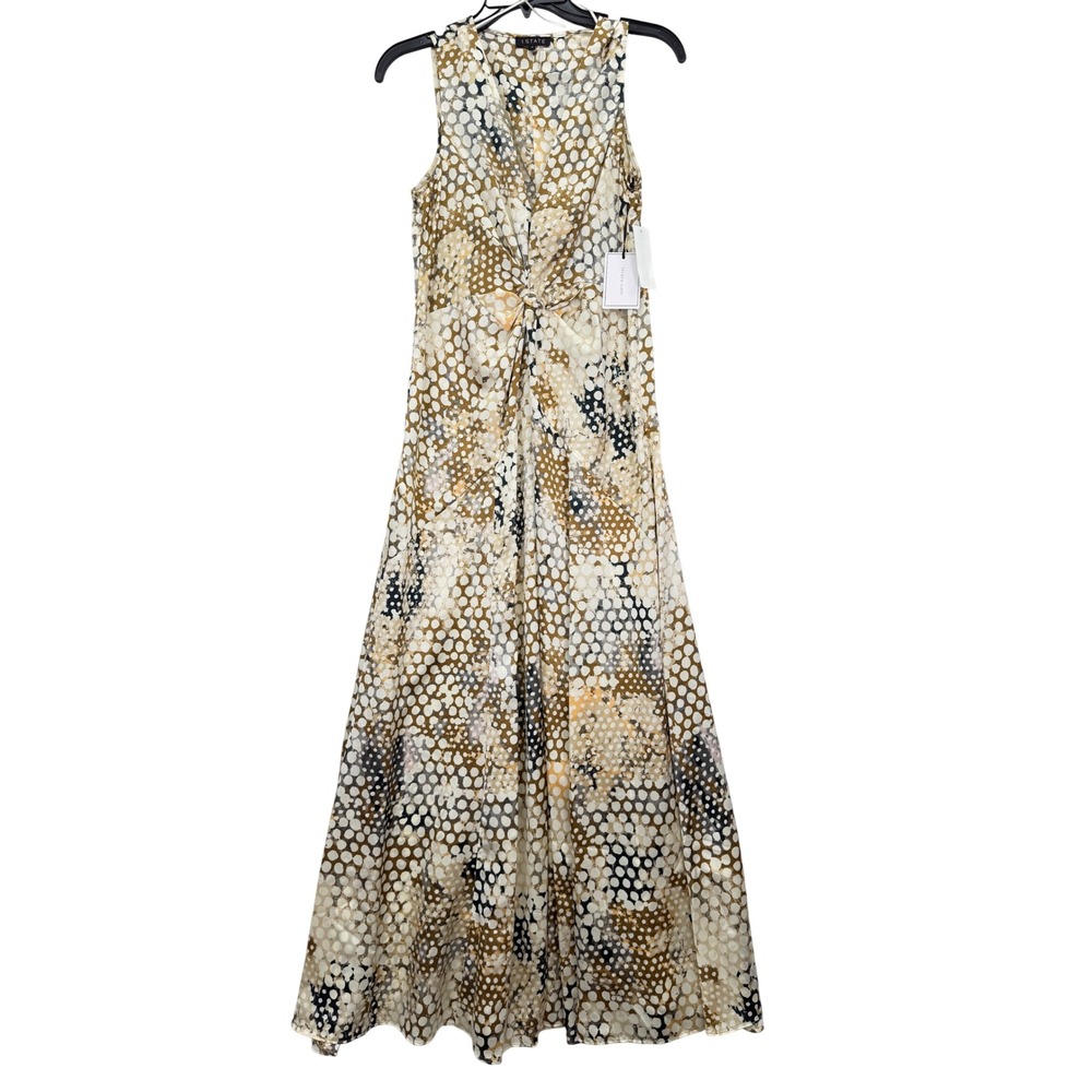 1.STATE Maxi Dress Women L NEW Brown Taupe Twist Front Abstract Dot MSRP $129